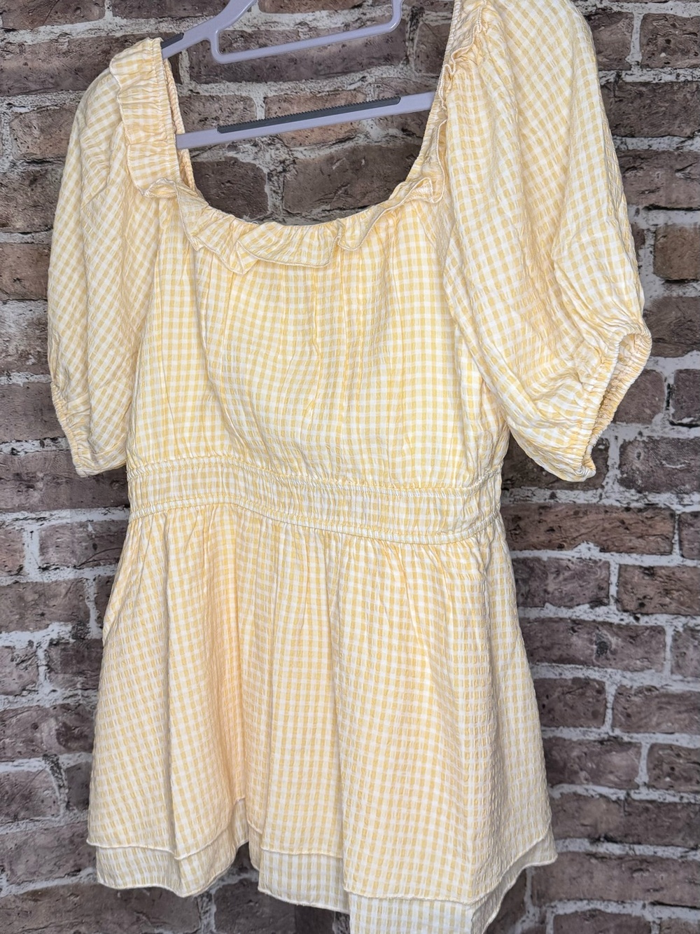 Women’s Yellow Gingham Puff-Sleeve Tunic Top